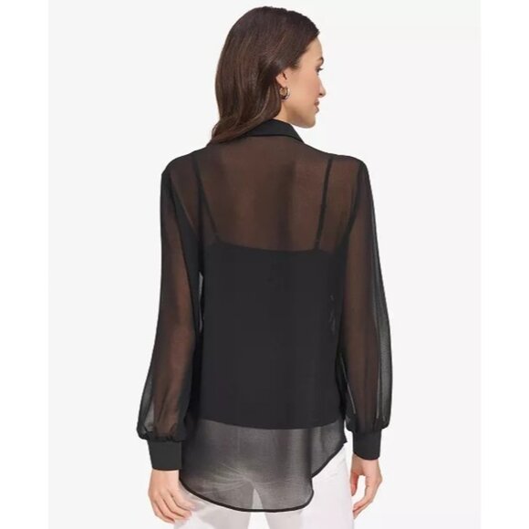 NWT DKNY WOMEN'S BUTTON-DOWN CHIFFON BLACK SHIRT XLARGE - Picture 2 of 9